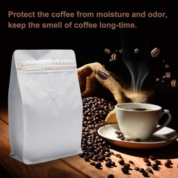 1lb/16oz Stand Up Coffee Bag/Flat Bottom Pouch with Air Release Valve and Reusable Side Zipper/Smell Proof Bags (White)