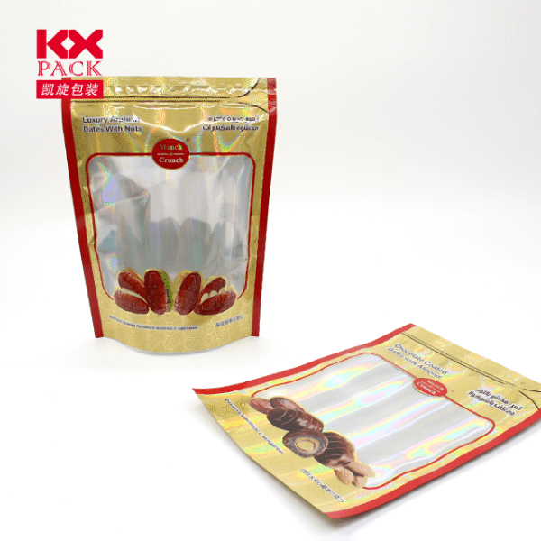 Aluminium Foil Plastic Laminated Ziplock Packaging Bag Stand Up Pouches Wholesale UK with Window for Dates Snack Candy Packing